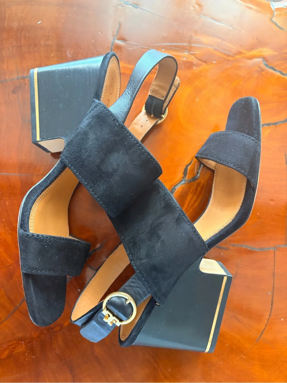 Tory Burch Black Suede Block Heel Slingback Sandals
